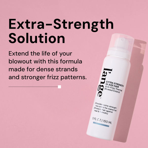 Informational image. Text reads "Extra-Strength Solution" "Extend the life of your blowout with this formula made for dense strands and stronger frizz patterns"