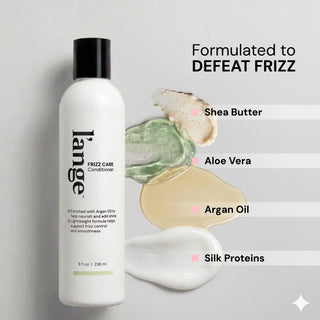 Key Ingredients image. Text reads "Formulated to DEFEAT FRIZZ" list follows "Shea Butter. Aloe Vera. Argan Oil. Silk Proteins"