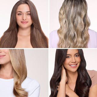 Diverse hairstyles and colors showcased: straight long brown hair, sleek blonde waves, wavy golden brown locks, and voluminous dark brunette waves.