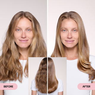 Side-by-side comparison showcasing hair transformation before and after treatment, highlighting smoother and shinier results.