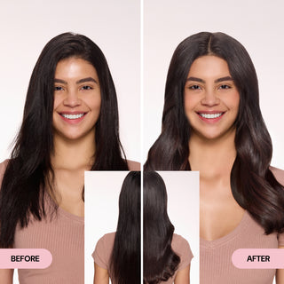 Before and after transformation showcasing a woman's hair. The left shows straight, dark hair, while the right features voluminous, styled waves. An inset displays the back view of the fuller hairstyle.