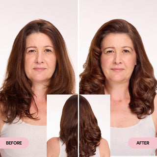 Before-and-after hair transformation of a woman with straight medium-length brown hair styled into voluminous, shiny, wavy curls, showcasing enhanced texture and gloss.
