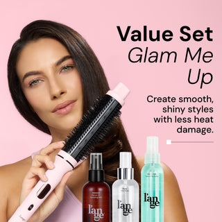 Benefits image for Glam Me Up. Text reads: "Value Set. Glam Me Up" "Create smooth, shiny styles with less heat damage" 