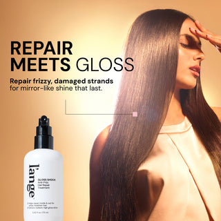 Benefits image. Text reads "REPAIR MEETS GLOSS. Repair frizzy, damaged strands for mirror-like shine that last"