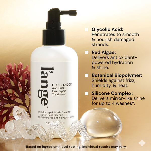 Key Ingredients image. Text reads "Glycolic Acid: Penetrates to smooth & nourish damaged strands" "Red Algae: Delivers antioxidant-powered hydration & shine" "Botanical Biopolymer/; Shields against frizz, humidity, and heat" and "Silicone Complex: Delivers mirror-like shine for up to 4 washes*""

*Based on ingredient-level testing. Individual results may vary