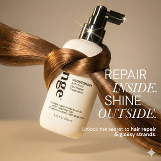 Benefits image. Text reads "REPAIR INSIDE. SHINE OUTISDE. Unlock the secret to hair repair & glossy strands"