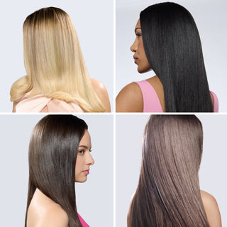 Four women with smooth, shiny hair in different shades and textures