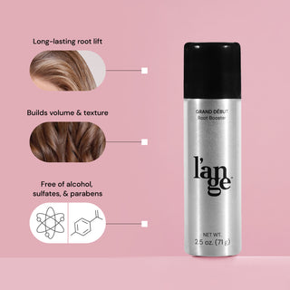 L'ange Grand Début Root Booster in a sleek metallic bottle, promising long-lasting root lift, enhanced volume and texture, and free from alcohol, sulfates, and parabens, set against a soft pink background.