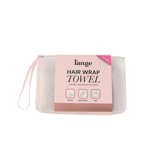 Hair Wrap Towel Packaging for L'ange on a white background. Text on packaging reads: "Hair Wrap Towel. Standard Lightweight Microfiber. Gentle. Lightweight . Soft"