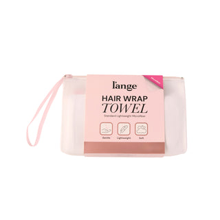 Hair Wrap Towel Packaging for L'ange on a white background. Text on packaging reads: "Hair Wrap Towel. Standard Lightweight Microfiber. Gentle. Lightweight. Soft"