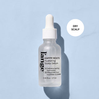 L'ange Happy Roots Hydrating Scalp Serum bottle with "Dry Scalp" badge on light blue background