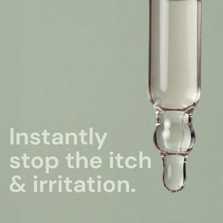 Dropper releasing a drop of serum, with text "Instantly stop the itch & irritation"