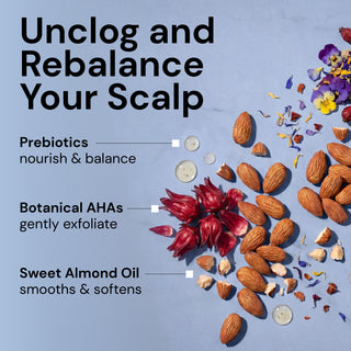 "Unclog and Rebalance Your Scalp" text with key ingredients "Prebiotics-nourish & blanace", "Botanical AHAs-gently exfoliate", and "Sweet Almond Oil-smooths & softens"