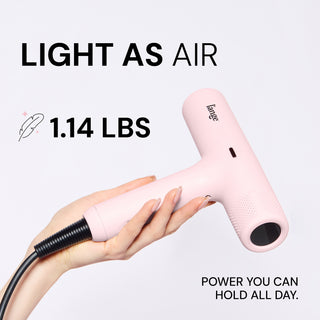 Benefits Graphics. Text reads: "LIGHT AS AIR" "1.14 LBS" "POWER YOU CAN HOLD ALL DAY."