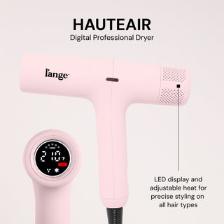 Benefits Graphics. Text reads: "HAUTEAIR. Digital Professional Dryer. LED display and adjustable eat for precise styling on all hair types"
