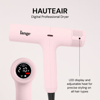 Benefits Graphics. Text reads: "HAUTEAIR. Digital Professional Dryer. LED display and adjustable eat for precise styling on all hair types"