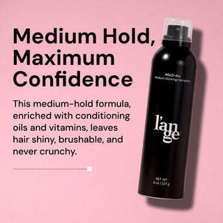 Informational image. Text reads "Medium Hold, Maximum Confidence. This medium-hold formula, enriched with conditioning oils and vitamins, leaves hair shiny, brushable, and never crunchy"