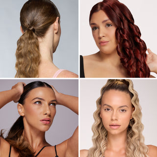 Four women with different hair textures and styles, including ponytails, curls, and waves, showcasing hair diversity.