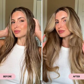 Before and after comparison showing a woman with damp, flat hair transformed to voluminous, smooth, and styled hair.