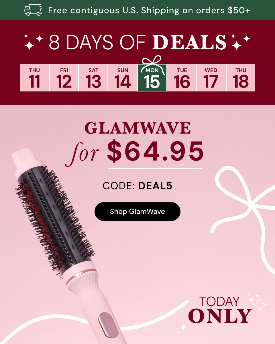 Promotional graphic for ‘8 Days of Deals.’ A green banner at the top reads ‘Free contiguous U.S. Shipping on orders $50+’ with a truck icon. Below, the dates for the 8-day sale are shown, highlighting Monday the 15th. The main offer features the GlamWave styling tool for $64.95 with code DEAL5. TODAY ONLY. Below there is a Shop GlamWave button. 