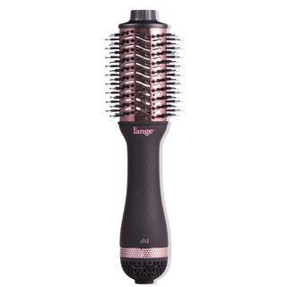 A sleek hair styling tool features a pink and black color scheme, combining a round brush with a handle for easy use.