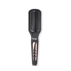 Black straightening brush features cool-tipped ceramic bristles, black temp button & ON/OFF buttons