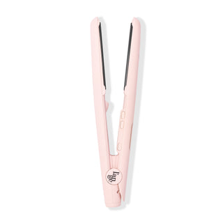 Side angle of blush flat iron with temperature button and ON/OFF buttons with black L’ange logo