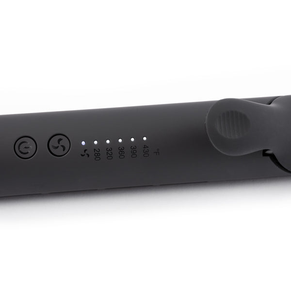 Black ergonomic handle with adjustable temp: 280°F - 430°F with power and on/off fan button