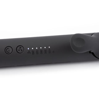 Black ergonomic handle with adjustable temp: 280°F - 430°F with power and on/off fan button