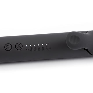 Black ergonomic handle with adjustable temp: 280°F - 430°F with power and on/off fan button