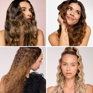 Four women showcasing various wavy and curly hairstyles, each expressing different styles and hair colors ranging from dark brown to blonde.