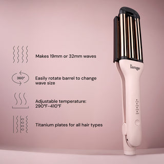 A hair styling tool in pink featuring a sleek design with titanium plates, offering adjustable temperatures from 290°F to 410°F, capable of creating 19mm or 32mm waves, and a barrel that rotates 360 degrees for easy wave size adjustment.