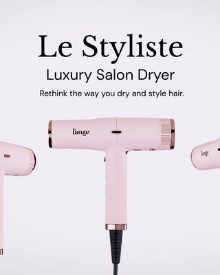 Three pink luxury salon hair dryers with the brand name “L'ange” are displayed against a white background, featuring the tagline "Rethink the way you dry and style hair."