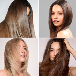Collage of four women with different hair colors showcasing smooth, straight, shiny hair.