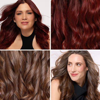 Collage of two women with red and brown wavy hair, shown alongside close-ups of their voluminous curls.