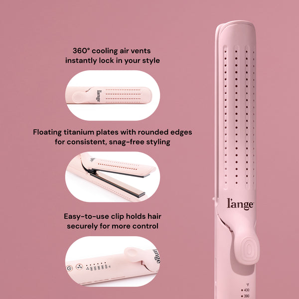 360 degree cooling air vents instantly lock in your style, floating titanium plates with rounded edges for consistently, snag-free styling, easy-to-use clip holds hair securely for more control
