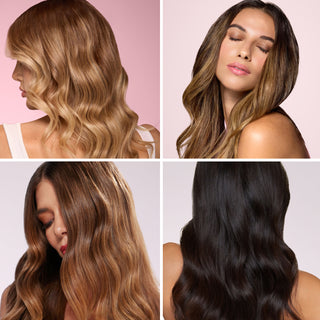 Four images showcasing women with long, wavy hair in various shades: light blonde with soft waves, rich brunette with subtle highlights, medium brown with glossy shine, and deep black with a sleek finish.