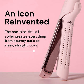 Le Duo Edge hair styler in pale pink, showcasing its sleek design and versatility for styling both curls and straight looks. Accompanied by text: "An Icon Reinvented. It's not an upgrade, it's a whole new edge."