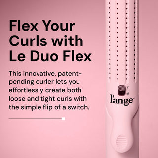 Promotional graphic featuring the L’ange Le Duo Flex curler with text that reads, “Flex Your Curls with Le Duo Flex.” The image highlights the tool’s patent-pending design, which allows users to switch between creating loose and tight curls with ease.