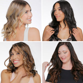 Four women with different hair colors and textures showing soft, styled curls.