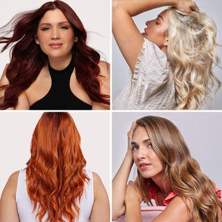 Diverse hairstyles featuring rich auburn, platinum blonde, vibrant copper, and natural brunette shades in various styles, showcased by women with flowing, expertly styled locks.