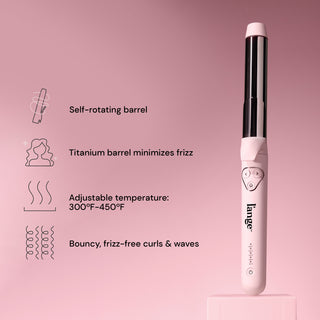 Hair styling tool with a self-rotating titanium barrel for minimizing frizz, featuring adjustable temperatures from 300°F to 450°F for bouncy, frizz-free curls and waves.