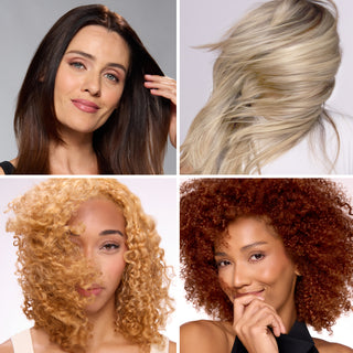 Collage of four women showcasing different hair textures, from straight to curly.