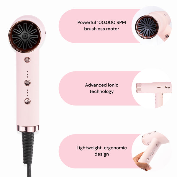 Le Styliste hair dryer stands next to 3 closeups of its brushless, quiet motor, and lightweight ergonomic design.