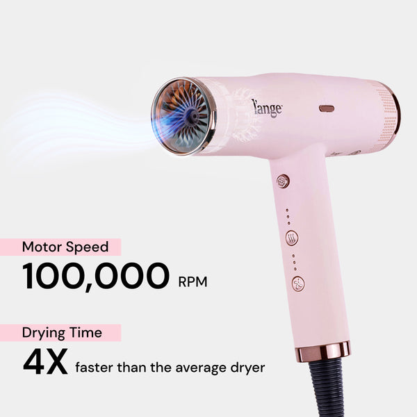 Air flows from Le Styliste above text that says it has a 100,000 RPM motor & dries hair 4 times faster than average dryers.