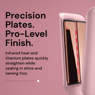 Close-up of L’ange Le Titane flat iron with titanium plates glowing red from infrared heat, alongside bold black text reading: ‘Precision Plates. Pro-Level Finish.’ Subtext highlights the benefits of infrared heat and titanium plates for shine and frizz control