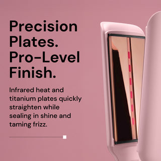 Close-up of L’ange Le Titane flat iron with titanium plates glowing red from infrared heat, alongside bold black text reading: ‘Precision Plates. Pro-Level Finish.’ Subtext highlights the benefits of infrared heat and titanium plates for shine and frizz control