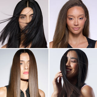 Collage of four women with smooth, straight hair in various shades and styles.