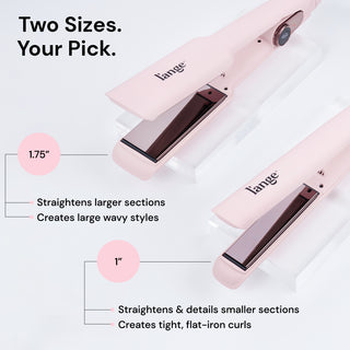 Text near blush 1.75” Le Titane explains it’s best for larger sections of hair and wavy styles, and 1” creates tight curls.