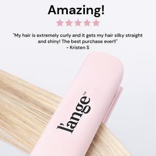 Below a customer review explaining how straight her curly hair gets with Le Titane, a flat iron straightens blonde hair.